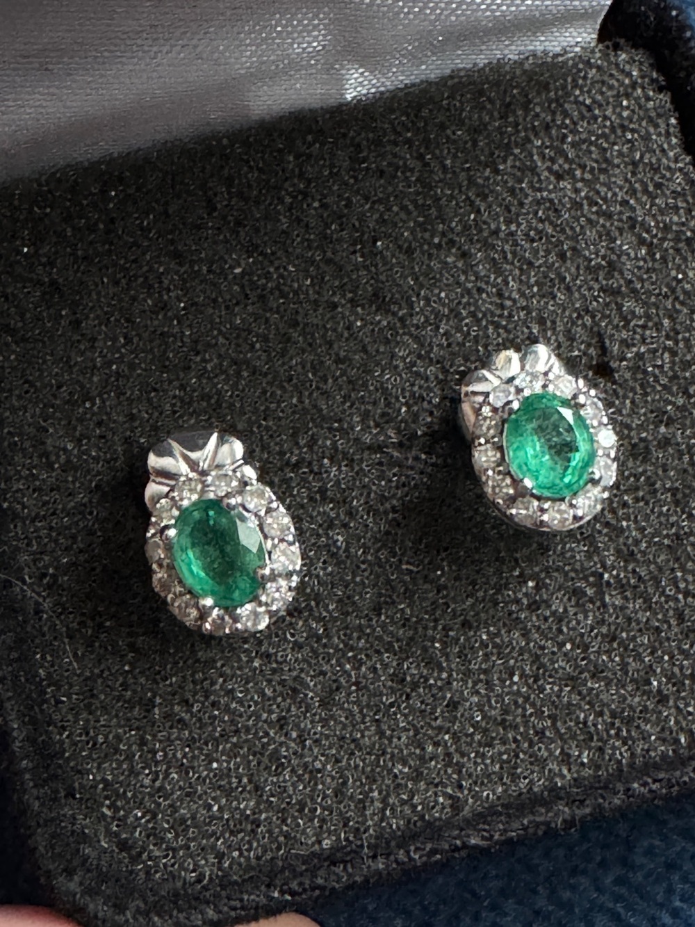 14k Solid White Gold  Diamond and Emerald Stud Earrings.
